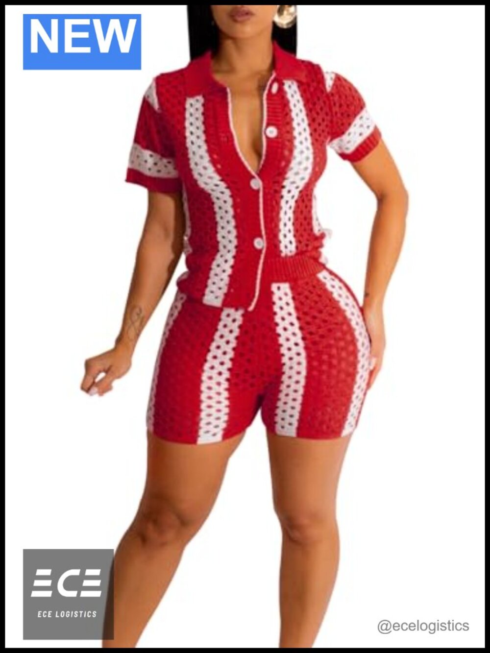 Women's 2 Piece Crochet Knit Short Set Button Down Shirt & Shorts
